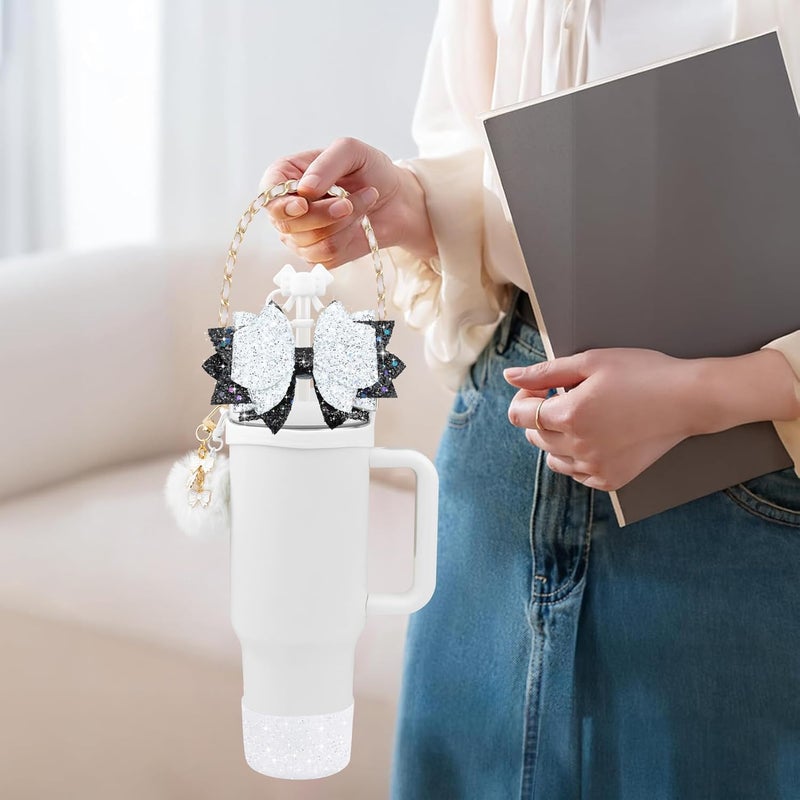 SEMATA Bling Accessories for Stanley Cup 40oz & 30oz Tumbler Including Silicone Cute Bow Straw Topper Cover, Silicone Boot for Stanley Cup,Leather Water Bottle Handle Strap, Charms(White) - Image 4